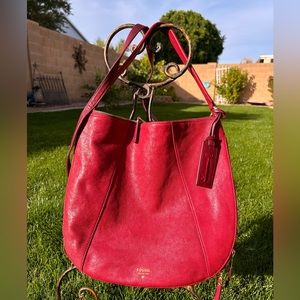 Rich cranberry leather Fossil hobo-style bag. 2 different strap length options